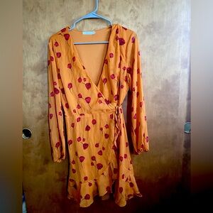 Orange and red floral long sleeve ruffle wrap dress